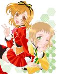  bangs brown_hair green_eyes hair_ribbon hirota_kaoru kira_tsubasa kousaka_honoka looking_at_viewer love_live!_school_idol_project multiple_girls orange_eyes orange_hair ribbon short_hair skirt smile sunny_day_song 