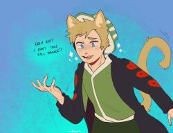  1boy animal_ears animification black_coat blonde_hair blue_background blue_eyes cat_boy cat_ears cat_tail claws coat commentary cowboy_shot english_commentary english_text fang gomi_(gomiidd) green_kimono hand_up hardcore_heart hat heart heart_print highres japanese_clothes kemonomimi_mode kimono male_focus minecraft_youtube open_clothes open_coat open_mouth ph1lza profanity short_hair solo speech_bubble standing star-shaped_pupils star_(symbol) striped_clothes striped_headwear symbol-shaped_pupils tail 