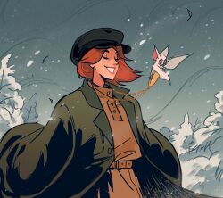  1girl anastasia_(1997) anya_(anastasia) bartok_(anastasia) bat_(animal) closed_eyes coat commentary dress english_commentary gabriel_picolo green_coat green_dress highres jewelry outdoors pendant redhead sky smile snowing upper_body 