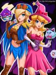  2girls breasts candy cleavage cosplay female geno geno_(cosplay) ghost halloween hat highres large_breasts legs lollipop long_legs lubba mallow_(mario) mallow_(mario)_(cosplay) super_mario_bros. multiple_girls princess_peach rosetta_(mario) sigurdhosenfeld star super_mario_bros. terena thighs v witch_hat 
