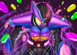  1boy brown_hair candy food glowing glowing_eye gochizo henshin highres inoue_shouma jelly_bean kamen_rider kamen_rider_gavv kamen_rider_gavv_(series) male_focus popping_gummy rider_belt violet_eyes yuuki_koutarou 