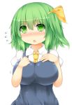  1girl :o blush breasts daiyousei dress_shirt green_eyes green_hair hands_on_breasts highres large_breasts looking_at_viewer necktie shirt short_hair side_ponytail slit_pupils solo touhou us2s 