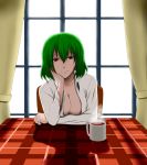  1girl arm_rest backlighting breasts chair cleavage coffee coffee_mug collarbone collared_shirt curtains green_hair hand_on_own_cheek highres kazami_yuuka looking_at_viewer morning no_bra open_clothes open_shirt plaid pov red_eyes shadow shirt short_hair sitting smile solo steam sunlight table tablecloth touhou white_shirt window yashi_zaki 