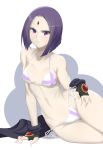  1girl arm_support bikini black_gloves blush breasts dc_comics fingerless_gloves forehead_jewel gloves highres looking_at_viewer navel purple_hair raven_(dc) short_hair side-tie_bikini simple_background solo stormcow swimsuit teen_titans violet_eyes white_background 