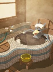  absurdres bathing bathtub blush bucket closed_eyes faucet golduck highres hyogonosuke indoors no_humans open_mouth pokemon pokemon_(creature) solo steam stool towel towel_on_head water wooden_stool 