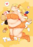  1girl blonde_hair blush bou_(starless2323) breasts cleavage closed_eyes cupcake food halloween headphones heart highres huge_breasts muffin navel nitroplus plump short_hair smile solo spoken_heart super_pochaco twintails 