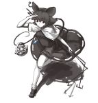  1girl animal_ears basket capelet diamond dress hijiwryyyyy jewelry locks looking_down looking_to_the_side monochrome mouse mouse_ears mouse_tail nazrin pendant red_eyes running shading_eyes shadow shoes short_hair simple_background small_breasts socks solo spot_color tail touhou weapon_request white_background 
