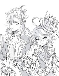  1boy 1girl absurdres ahoge ascot asymmetrical_bangs bow brooch chinese_commentary coat collared_jacket commentary_request cowboy_shot eyelash_ornament eyelashes eyes_visible_through_hair feather_hair_ornament feathers formal furina_(genshin_impact) genshin_impact gloves greyscale hair_between_eyes hair_ornament hair_over_one_eye hat highres holding_hands jacket jewelry lapels long_hair long_sleeves monochrome neuvillette_(genshin_impact) notched_lapels open_clothes open_coat open_jacket outstretched_arm short_hair simple_background sketch top_hat waist_bow white_background wrist_cuffs zha_ha 