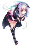  1girl aqua_hair bangle belt boots bracelet breasts cape cleavage_cutout gradient_hair hair_ornament hand_on_hip hand_on_thigh headphones hood jewelry leaning_forward long_hair multicolored_hair necktie original pink_eyes shirokitsune simple_background skirt sleeveless solo thigh_strap twintails white_background 