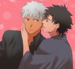  2boys ao_(sodalite) archer black_hair dark_skin emiya_kiritsugu facial_hair fate/stay_night fate/zero fate_(series) japanese_clothes kimono multiple_boys stubble time_paradox white_hair yaoi 