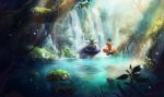  2boys black_hair blurry cape dated depth_of_field dougi dragon_ball dragon_ball_z floating grass green_skin indian_style lake male_focus multiple_boys piccolo plant pointy_ears shoulder_pads signature sitting son_gohan sun_stark sunlight tree turban water waterfall 