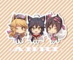  ahri animal_ears character_name chibi fox_ears fox_tail kim_bae-eo league_of_legends long_hair looking_at_viewer multiple_tails one_eye_closed open_mouth pantyhose striped striped_background tail 