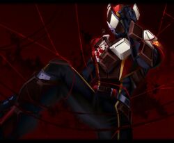  1boy armor blood blood_on_armor bodysuit boots brown_armor chocodon_(white_chocolate) chocolate energy_gun gloves gun hand_on_own_face holding holding_gun holding_weapon kamen_rider kamen_rider_gavv_(series) kamen_rider_valen male_focus power_armor red_background reiei_8 solo weapon 