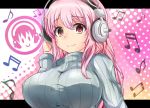  1girl blush breasts hand_on_headphones headphones heka=ton large_breasts long_hair looking_at_viewer nitroplus pink_hair red_eyes ribbed_sweater smile solo super_sonico sweater taut_clothes turtleneck turtleneck_sweater 