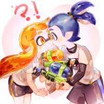  !? 1boy 1girl artist_name bike_shorts blue_hair domino_mask inkling long_hair mask namie-kun orange_eyes orange_hair pointy_ears shirt shorts splatoon super_soaker tentacle_hair 