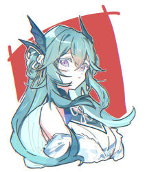  1girl aqua_hair bare_shoulders blue_hair braid fins hair_between_eyes hair_ornament head_fins lamia_(pgr) long_hair parted_lips pom_pom_(clothes) pom_pom_hair_ornament punishing:_gray_raven shiraeda sidelocks solo violet_eyes white_pom_poms 