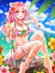  1girl barefoot bikini blush breasts cleavage cocktail cup drink drinking_straw flower food fruit hacka_doll hacka_doll_2 hair_flower hair_ornament jewelry large_breasts long_hair looking_at_viewer navel ocean open_mouth pink_eyes pink_hair rinco smile solo swimsuit 