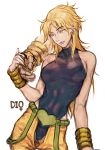  1girl blonde_hair breasts character_name dio_brando earrings gap_(pdmng) genderswap jewelry jojo_no_kimyou_na_bouken leotard lipstick makeup pants pink_lipstick red_eyes sideboob solo stand_(jojo) the_world wrist_cuffs 