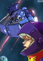  1girl 2017 battle blurry blurry_background brown_hair char's_counterattack commentary_request dated earth_(planet) energy_beam geara_doga geara_doga_(rezin_schnyder_custom) gundam helmet highres mecha mobile_suit neo_zeon one-eyed open_mouth photoshop_(medium) pilot_suit planet rezin_schnyder robot shield shoulder_spikes signature space space_helmet spacesuit spikes 