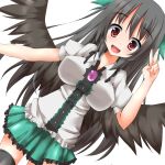  1girl black_hair black_legwear bow breasts hair_bow large_breasts long_hair red_eyes reiuji_utsuho skirt smile solo thigh-highs third_eye touhou v wings 