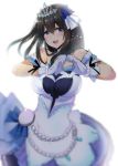  1girl black_hair blue_eyes blurry blush breasts depth_of_field dress gloves hairband heart heart_hands idolmaster idolmaster_cinderella_girls jewelry large_breasts long_hair looking_at_viewer murasame_nohito open_mouth sagisawa_fumika simple_background smile solo tiara white_background 