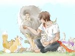  1boy animal_on_shoulder bird bird_on_shoulder brown_hair cat_teaser dog_tags fox gokotai&#039;s_tigers indian_style kamekichi konnosuke male_focus nakigitsune&#039;s_fox nue ookurikara robinson shishiou_no_mofumofu sitting tiger tiger_cub touken_ranbu turtle white_tiger yellow_eyes 