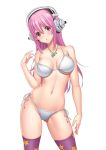  1girl bikini breasts cleavage guang_yiren headphones large_breasts long_hair looking_at_viewer navel nitroplus open_mouth pink_hair red_eyes solo super_sonico swimsuit thigh-highs 