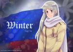  1girl artist_name axis_powers_hetalia blush_stickers copyright_name flag_background genderswap light_smile long_hair looking_at_viewer medal military_jacket or&auml;dd russia_(hetalia) scarf silver_hair solo upper_body violet_eyes 