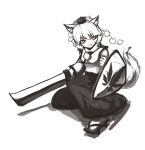  1girl animal_ears detached_sleeves fang geta hat hijiwryyyyy holding_sword holding_weapon inubashiri_momiji looking_to_the_side monochrome pom_pom_(clothes) serious shield short_hair sketch sleeveless small_breasts solo spot_color squatting sword tabi tail tokin_hat touhou weapon wolf_ears wolf_tail 