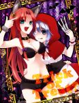  2girls alternate_costume animal_ears apron aqua_eyes bat big_bad_wolf_(cosplay) big_bad_wolf_(grimm) blue_eyes braid breasts chitose_(usacan) cosplay crop_top disguise dress english hair_ribbon halloween hand_on_another&#039;s_hip highres hong_meiling hood izayoi_sakuya knives_between_fingers little_red_riding_hood little_red_riding_hood_(cosplay) little_red_riding_hood_(grimm) long_hair midriff multiple_girls open_mouth pointing pointing_at_self puffy_short_sleeves puffy_sleeves red_dress redhead ribbon short_hair short_sleeves shorts silver_hair tongue tongue_out touhou tress_ribbon trick_or_treat twin_braids wolf_ears 