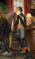  1boy black_footwear black_gloves black_shirt branch brown_hair chair chinese_clothes closed_mouth crossed_legs curtains desk english_commentary finger_to_cheek formal from_below genshin_impact gloves gradient_hair grey_pants hair_between_eyes indoors jacket jacket_on_shoulders jewelry lampshade multicolored_hair pants plant portrait_(object) ring scarf shirt sitting smoke suit swivel_chair window wooden_desk wooden_floor yellow_eyes z6097941463034z zhongli_(genshin_impact) 