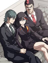  1girl 2boys aqua_hair bags_under_eyes bandaid bandaid_on_face bandaid_on_nose blue_eyes couch crossed_legs forked_eyebrows formal glaring hetero holding_hands kill_la_kill kinagase_tsumugu looking_at_viewer matoi_ryuuko mikisugi_aikurou mohawk multicolored_hair multiple_boys muscular ren_mizuha senketsu short_hair suit two-tone_hair 