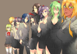  6+girls alternate_costume apu arrancar bad_id bad_pixiv_id bleach blonde_hair breasts cirucci_sanderwicci cleavage cyan_sung-sun dark-skinned_female dark_skin emilou_apacci eyepatch formal franceska_mila_rose green_eyes green_hair heterochromia lilynette_gingerbuck loly_aivirrne medium_breasts menoly_mallia multiple_girls nelliel_tu_odelschwanck photoshop_(medium) purple_hair school_uniform serafuku small_breasts suit thigh-highs tier_harribel violet_eyes zettai_ryouiki 