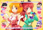  &gt;_&lt; 2girls 3boys alternate_costume artist_name blonde_hair book chibi chibi_inset choker clochro closed_eyes domon_seijirou dress earrings elbow_gloves fang flower fukai_ni_nemuru_oujo_no_abaddon gloves hair_flower hair_ornament headband heart highres hino_yachika jewelry jitome kazama_kippei mizuishi_rikana multiple_boys multiple_girls pink_eyes polka_dot polka_dot_background reading red_eyes redhead smile suzumori_mia t-shirt twintails yamanobe_homura yellow_background 