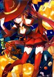  1girl :q boots broom candy cleavage_cutout cookie detached_sleeves elsword fence food fruit gem halloween halloween_costume hand_on_headwear hat highres holding_broom ignia_(elsword) jack-o&#039;-lantern kuroshio_maki lamp leaning_forward long_hair looking_at_viewer one_eye_covered orange_eyes orange_hair ponytail red_eyes red_ribbon redhead ribbon solo sweets text thigh-highs tongue tongue_out trick_or_treat very_long_hair witch_hat 
