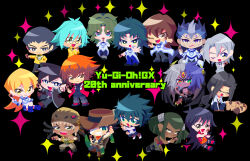  anniversary austin_o&#039;brien black_background card chibi chibi_only crocodile crocodilian daitokuji demon_girl duel_academy_uniform_(yu-gi-oh!_gx) duel_monster edo_phoenix everyone fujiwara_yuusuke heterochromia highres holding holding_card jim_crocodile_cook johan_andersen manjoume_jun marufuji_ryo misawa_daichi multicolored_hair otowaika pharaoh_(cat) saio_takuma saotome_rei smile sparkle tenjouin_asuka tenjouin_fubuki tyranno_kenzan yu-gi-oh! yu-gi-oh!_gx yubel yuki_judai 