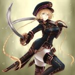  1girl blonde_hair boots braid breasts dual_wielding gin_ji grey_eyes hat large_breasts original sheath simple_background solo sword twin_braids uniform weapon 