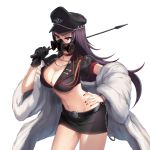  1girl belt black_hair breasts chain choker cleavage gloves hand_on_hip hat jewelry long_hair looking_at_viewer mask midriff miniskirt nail_polish navel necklace original pink_eyes short_sleeves simple_background skirt solo thighs wada_masanori white_background 