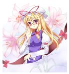  1girl armband bespectacled blonde_hair blue_door blush border bow breasts dress flower gap glasses hair_bow hand_up hat hat_ribbon long_sleeves mob_cap puffy_long_sleeves puffy_sleeves red-framed_glasses ribbon smile solo tabard touhou umbrella violet_eyes white_border white_dress yakumo_yukari 