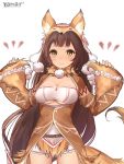  1girl animal_costume animal_ears arms_up artist_name blush breasts brown_hair cleavage fox_costume fox_ears fox_tail fur_collar highres jacket long_hair looking_at_viewer original smile solo strapless tail tubetop under_boob very_long_hair white_background wide_sleeves yaman_(yamanta_lov) yellow_eyes 