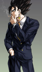  1boy bad_deviantart_id bad_id black_eyes black_hair black_jacket black_pants cigarette collared_shirt cowboy_shot deviantart_sample dragon_ball dragon_ball_z earrings formal grey_background hand_in_pocket holding holding_cigarette image_sample jacket jewelry kim_yura_(goddess_mechanic) long_sleeves male_focus pants profile shirt short_hair simple_background smoke smoke_trail smoking solo spiky_hair standing suit vegeta watch watch white_shirt 
