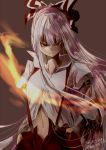  1girl 2015 black_sclera buckle dated fire flame floating_hair fujiwara_no_mokou hair_ribbon hands_in_pockets harunonanashiki long_hair navel popped_collar ribbon silver_hair solo suspenders touhou 