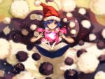  1girl berabou blob blue_hair blurry book capelet doremy_sweet dress hat looking_at_viewer nightcap open_book pom_pom_(clothes) short_hair solo touhou violet_eyes 