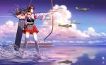  1girl aircraft_carrier airplane akagi_(aircraft_carrier) akagi_(kantai_collection) arrow bow_(weapon) brown_hair closed_eyes gloves highres imperial_japanese_navy japanese_clothes kantai_collection liang_xing long_hair military muneate ship skirt thigh-highs warship waterskiing_(meme) weapon 