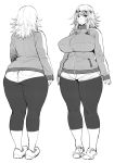  1girl ass breasts curvy denim denim_shorts fat highres huge_ass huge_breasts kneepits leggings legs long_hair looking_at_viewer monochrome plump shoes short_shorts shorts simple_background sneakers solo synecdoche thick_thighs thighs white_background 