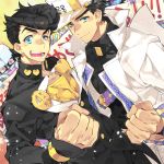  &gt;_&lt; banner black_hair blue_eyes clenched_hand closed_eyes coat crazy_diamond dutch_angle earrings gakuran green_eyes hat heart higashikata_jousuke highres jewelry jojo_no_kimyou_na_bouken kuujou_joutarou open_mouth peace_symbol pin school_uniform smile sparkle stand_(jojo) star_platinum toujou_sakana v 