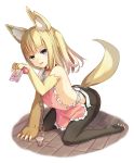  1girl absurdres animal_ears apron black_legwear blue_eyes chain chained claws collar crying flat_chest fox_ears fox_tail heterochromia highres looking_at_viewer original pantyhose ruma_imaginary short_hair simple_background sitting solo tail tears torn_clothes torn_pantyhose wariza white_background yellow_eyes 