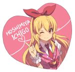  1girl aikatsu! blonde_hair character_name heart hoshimiya_ichigo kim_bae-eo long_hair looking_at_viewer one_eye_closed smile solo 