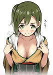 1girl blush breasts brown_eyes brown_hair cleavage hiryuu_(kantai_collection) japanese_clothes kantai_collection one_side_up shiden-raiden short_hair side_ponytail smile solo sweat undressing 