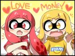 2girls blonde_hair eromame fang heart heart-shaped_pupils inkling inkling_girl looking_at_viewer nintendo open_mouth red_hair red_shirt redhead sparkle splatoon splatoon_(series) tagme yellow_eyes yellow_shirt